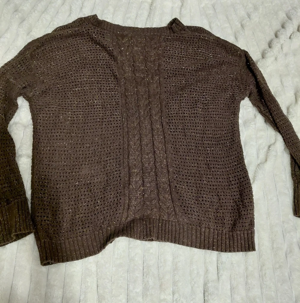 Brown & Gold Metallic Tinsel V Neck Crochet Sweater